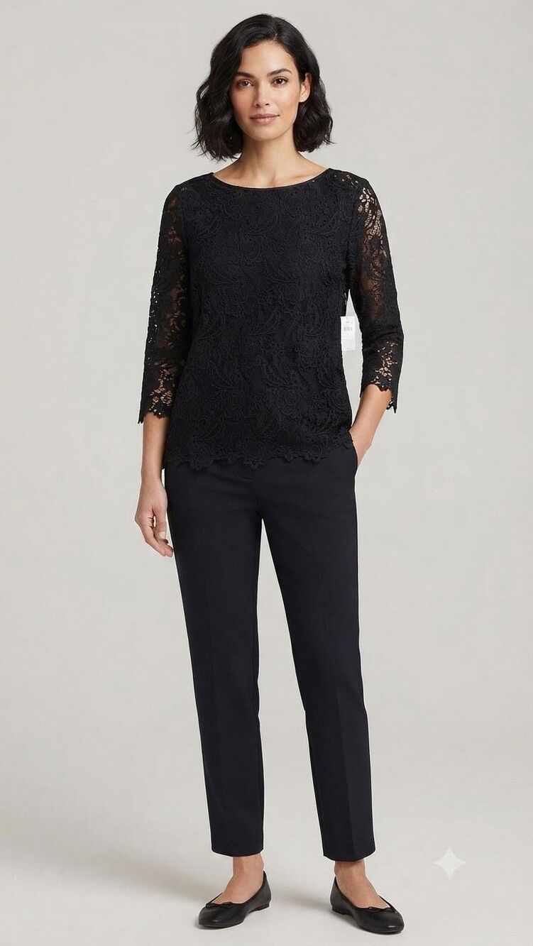 NWT J. Jill Ornate Lace Top Black Women’s XL Floral Embroidered Boat-Neck